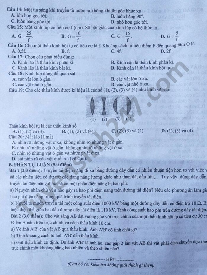 De thi hoc ki 2 nam 2021 tinh Bac Giang mon Ly lop 9