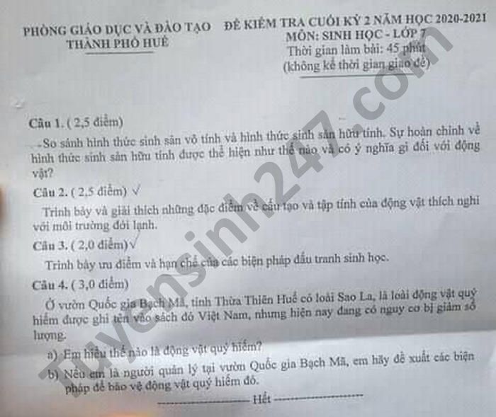 De thi hoc ki 2 mon Sinh lop 7 - Phong GD Thanh pho Hue 2021