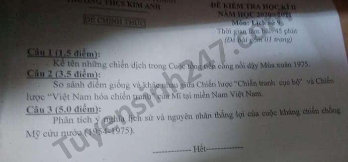 De thi hoc ki 2 mon Su lop 9 THCS Kim Anh nam 2021