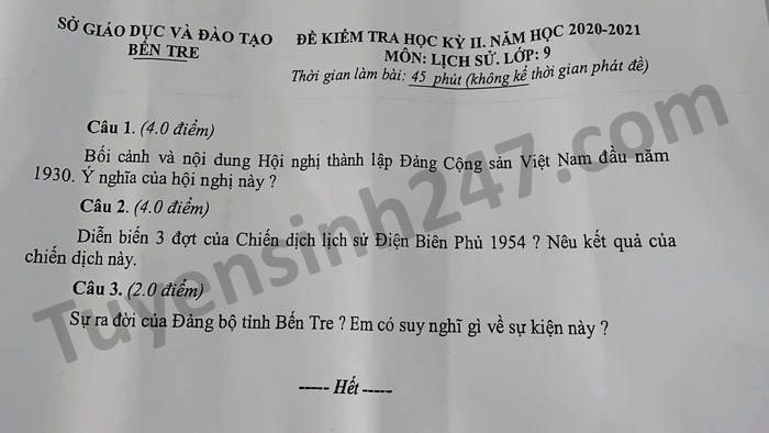 De thi hoc ki 2 nam 2021 mon Su lop 9 tinh Ben Tre