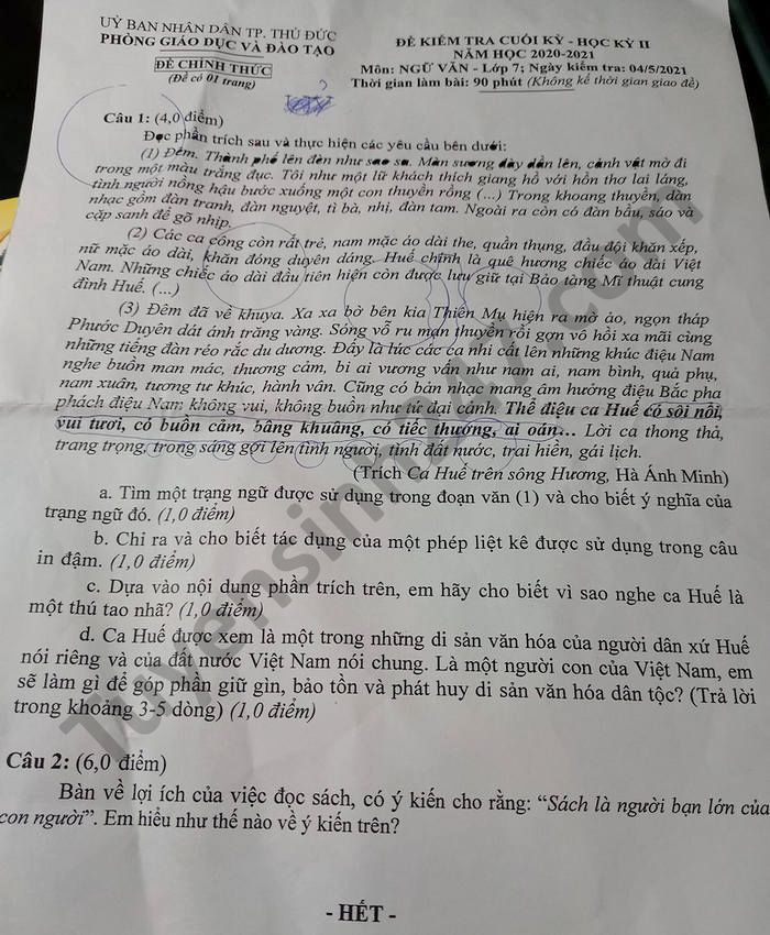 De thi hoc ki 2 Phong GD TP Thu Duc mon Van lop 7 nam 2021