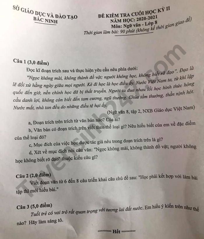 De thi hoc ki 2 mon Van lop 8 tinh Bac Ninh nam 2021