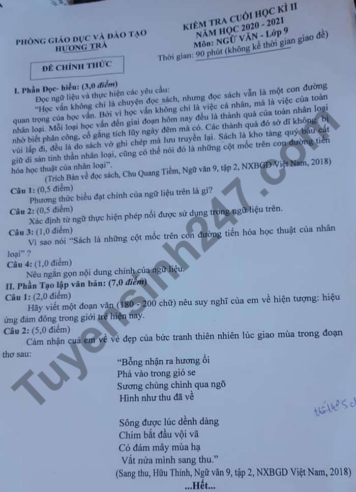 De thi hoc ki 2 mon Van lop 9 - Phong GD Huong Tra 2021