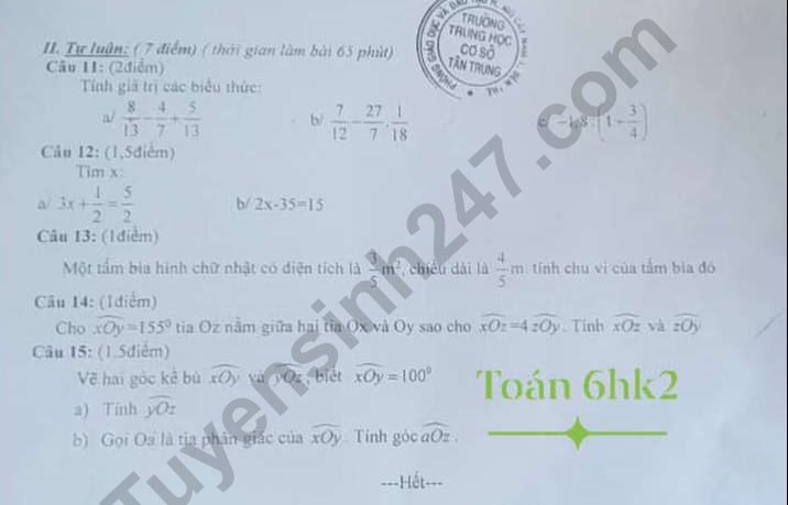 De thi ki 2 lop 6 mon Toan THCS Tan Trung 2021