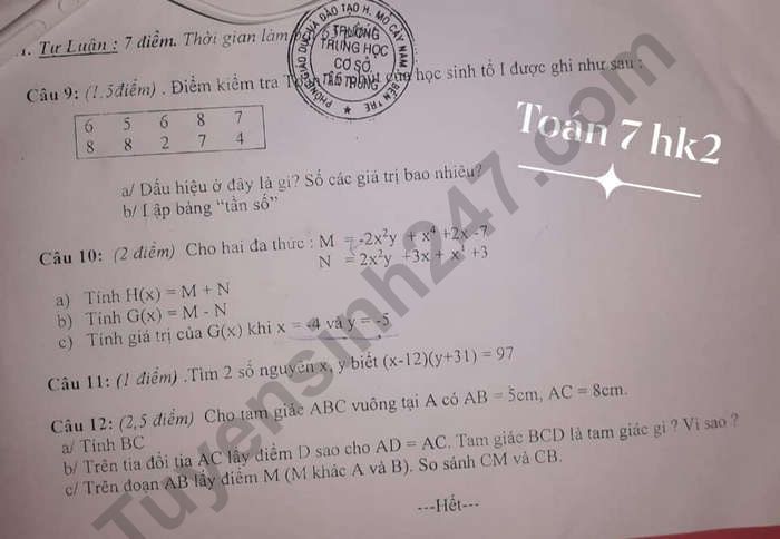 De thi ki 2 lop 7 mon Toan 2021 - THCS Tan Trung