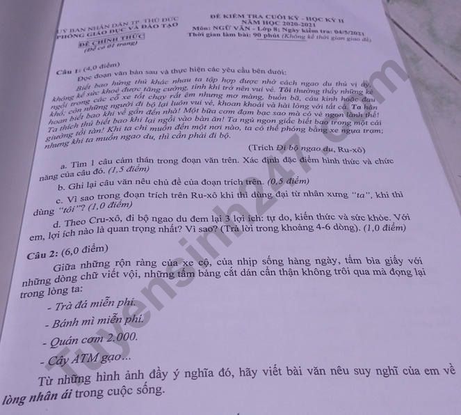 De thi hoc ki 2 mon Van lop 8 - Thu Duc nam 2021