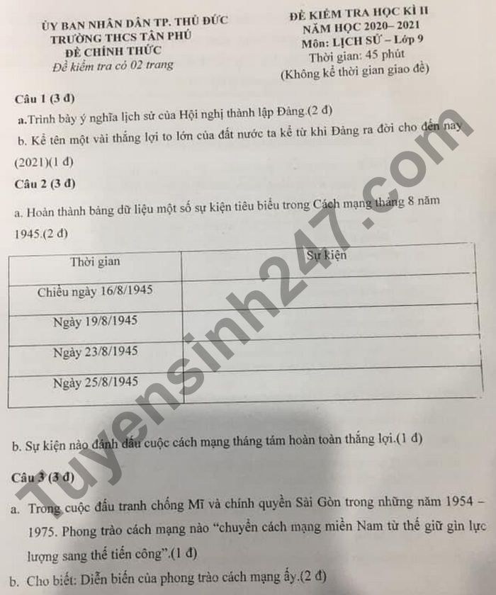 De thi hoc ki 2 mon Su lop 9 - THCS Tan Phu 2021