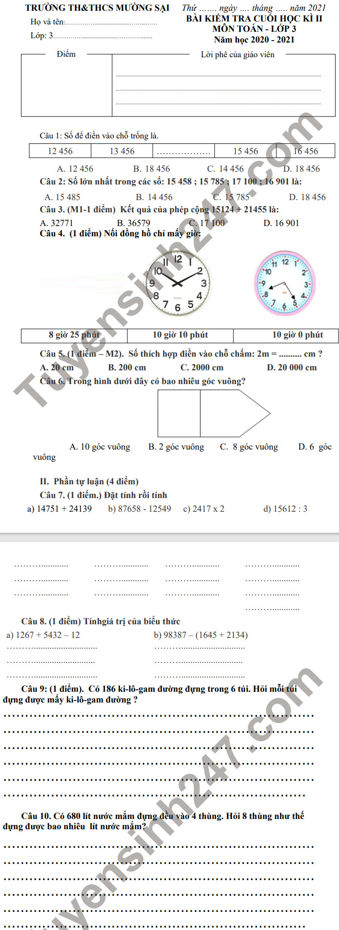 De thi hoc ki 2 lop 3 mon Toan - TH&THCS Muong Sai 2021