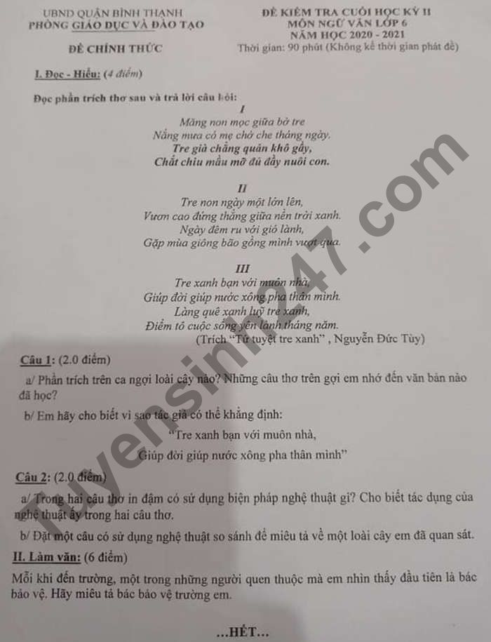 De thi cuoi ki 2 mon Van lop 6 - Quan Binh Thanh 2021
