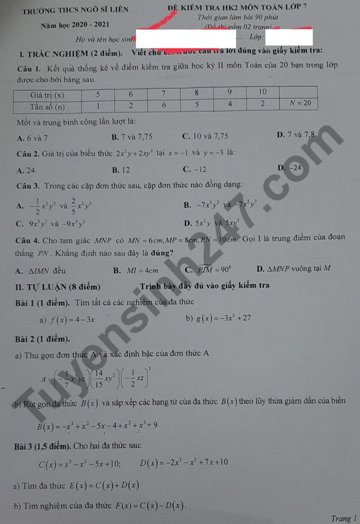 De thi hoc ki 2 mon Toan lop 7 - THCS Ngo Si Lien 2021