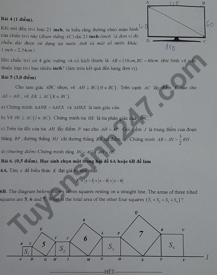 De thi hoc ki 2 mon Toan lop 7 - THCS Ngo Si Lien 2021