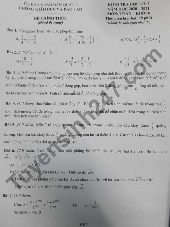 De thi hoc ki 2 mon Toan lop 6 - Quan 3 nam 2021