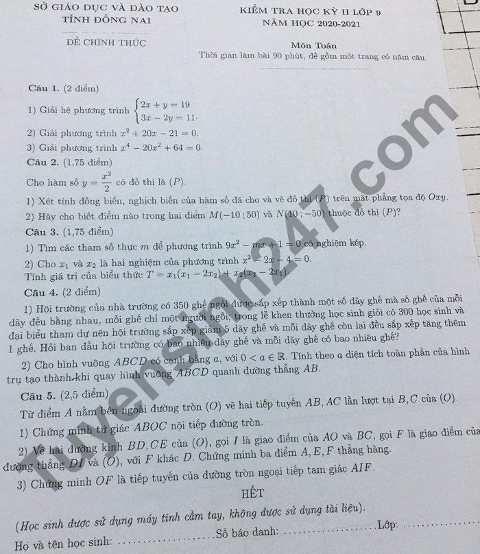 De thi hoc ki 2 lop 9 mon Toan 2021 - tinh Dong Nai