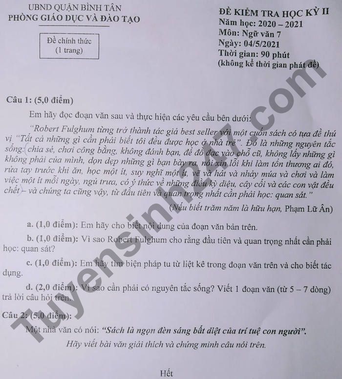 De thi hoc ki 2 nam 2021 Quan Binh Tan lop 7 mon Van