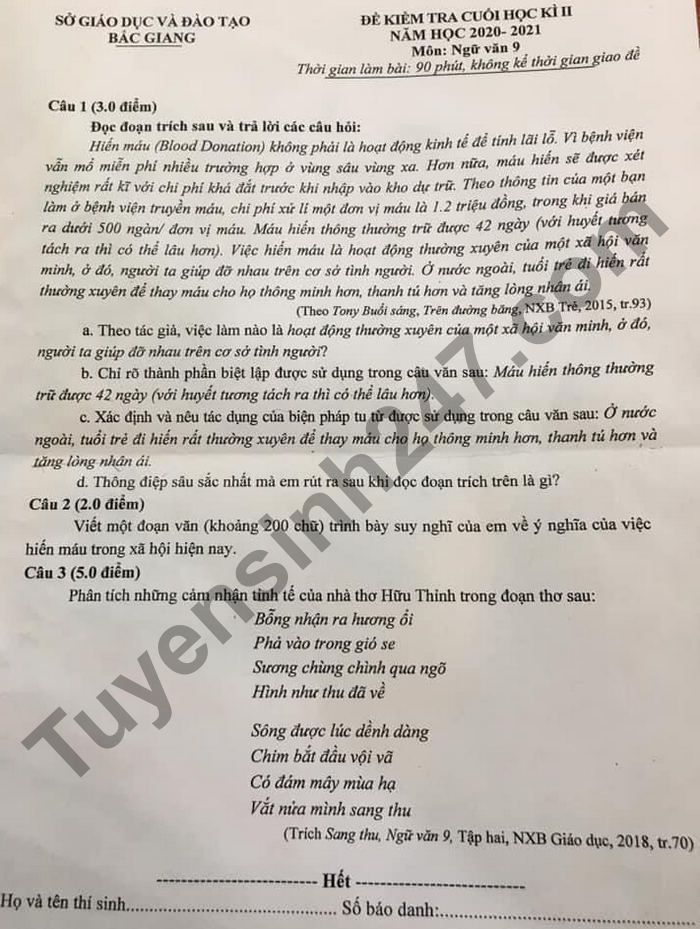 De thi cuoi ki 2 lop 9 mon Van 2021 - So GD Bac Giang (Co dap an)
