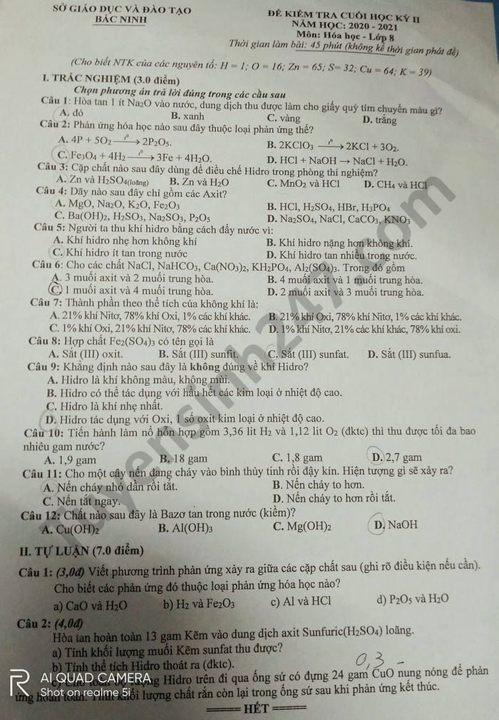 De thi hoc ki 2 mon Hoa lop 8 tinh Bac Ninh nam 2021