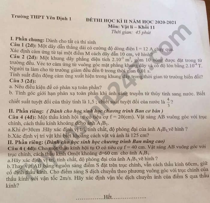 De thi hoc ki 2 mon Ly lop 11 nam 2021 THPT Yen Dinh 1