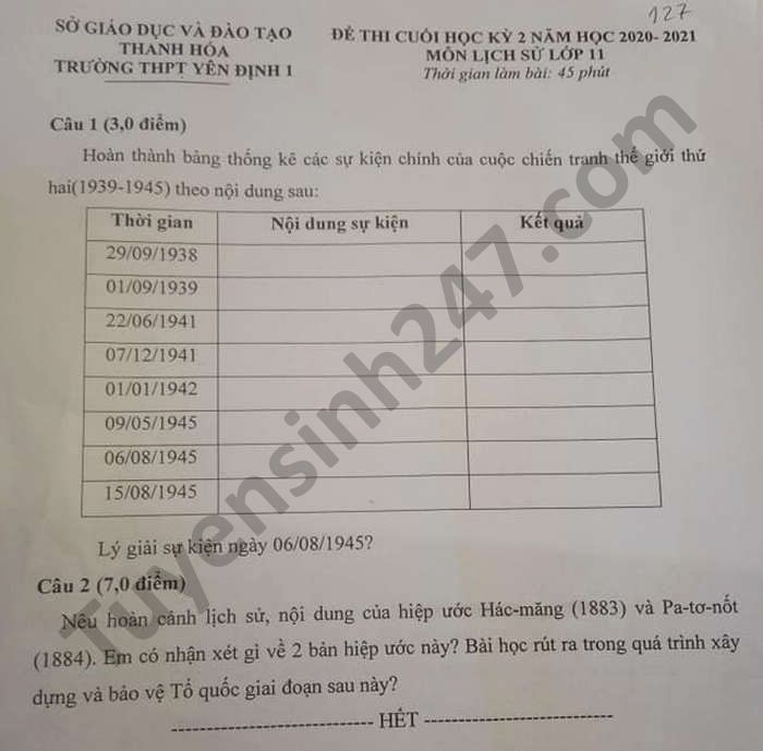 De thi hoc ki 2 THPT Yen Dinh 1 mon Su lop 11 nam 2021