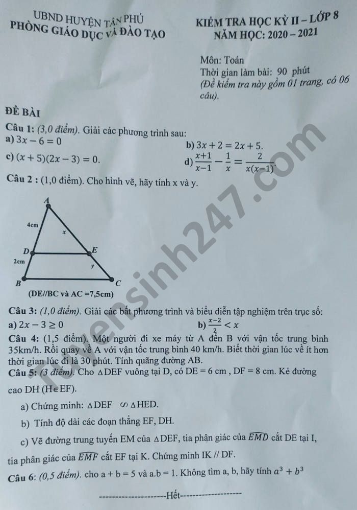 De thi hoc ki 2 nam 2021 huyen Tan Phu mon Toan lop 8