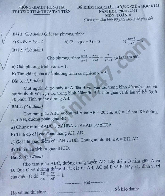 De thi hoc ki 2 mon Toan lop 8 TH-THCS Tan Tien nam 2021