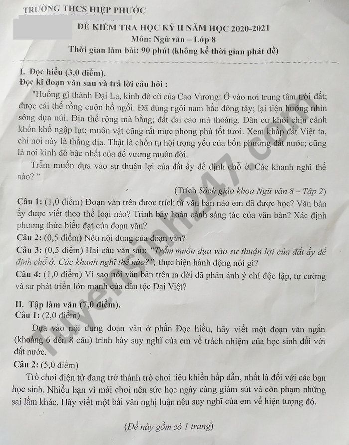 De thi hoc ki 2 THCS Hiep Phuoc mon Van lop 8 nam 2021