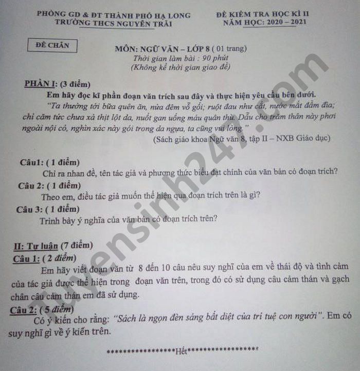 De thi hoc ki 2 lop 8 mon Van THCS Nguyen Trai nam 2021