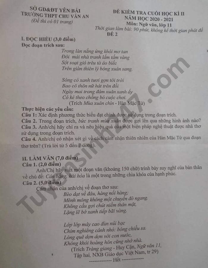 De thi hoc ki 2 THPT Chu Van An lop 11 mon Van nam 2021