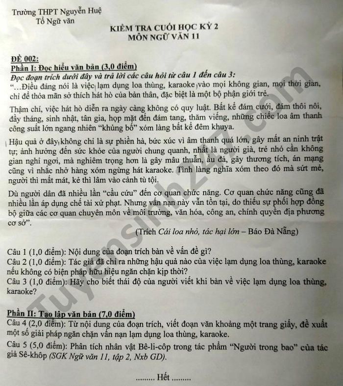 De thi hoc ki 2 lop 11 mon Van nam 2021 THPT Nguyen Hue