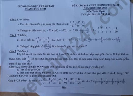 De thi ki 2 lop 6 mon Toan TP Vinh nam 2021