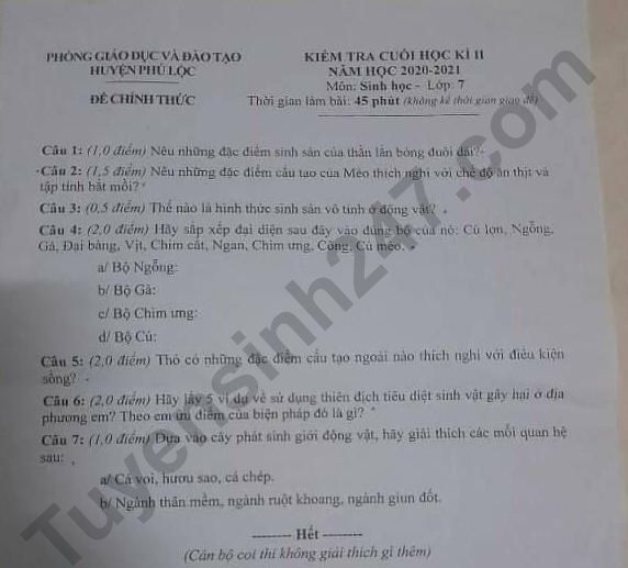 De thi ki 2 mon Sinh lop 7 - Phong GD Phu Loc 2021