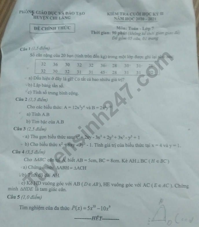 De thi ki 2 mon Toan lop 7 - Phong GD Chi Lang 2021