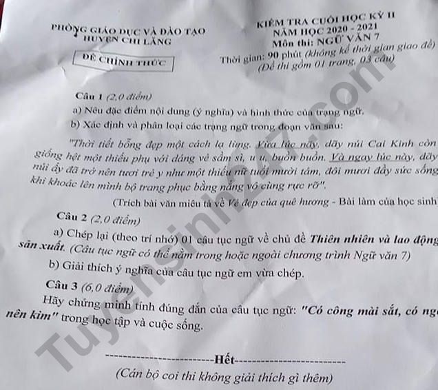 De thi ki 2 lop 7 mon Van - Phong GD Chi Lang 2021