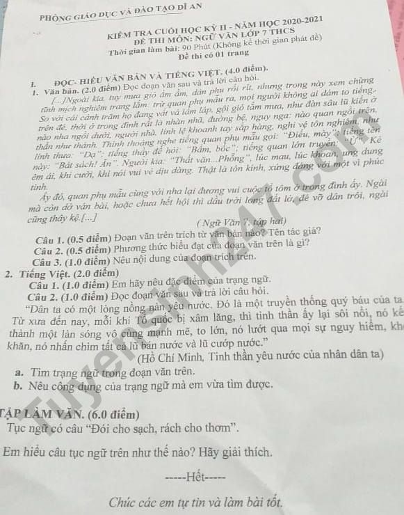 De thi ki 2 lop 7 mon Van - Phong GD Di An 2021