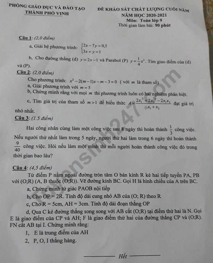De thi ki 2 lop 9 mon Toan 2021 - TP Vinh