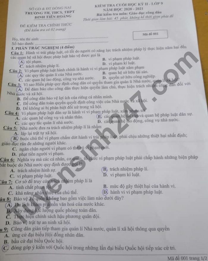 De thi ki 2 lop 9 mon GDCD 2021 - TH,THCS,THPT Dinh Tien Hoang