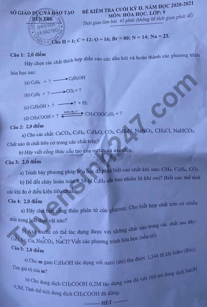 De thi cuoi ki 2 mon Hoa lop 9 nam 2021 - So GD Ben Tre