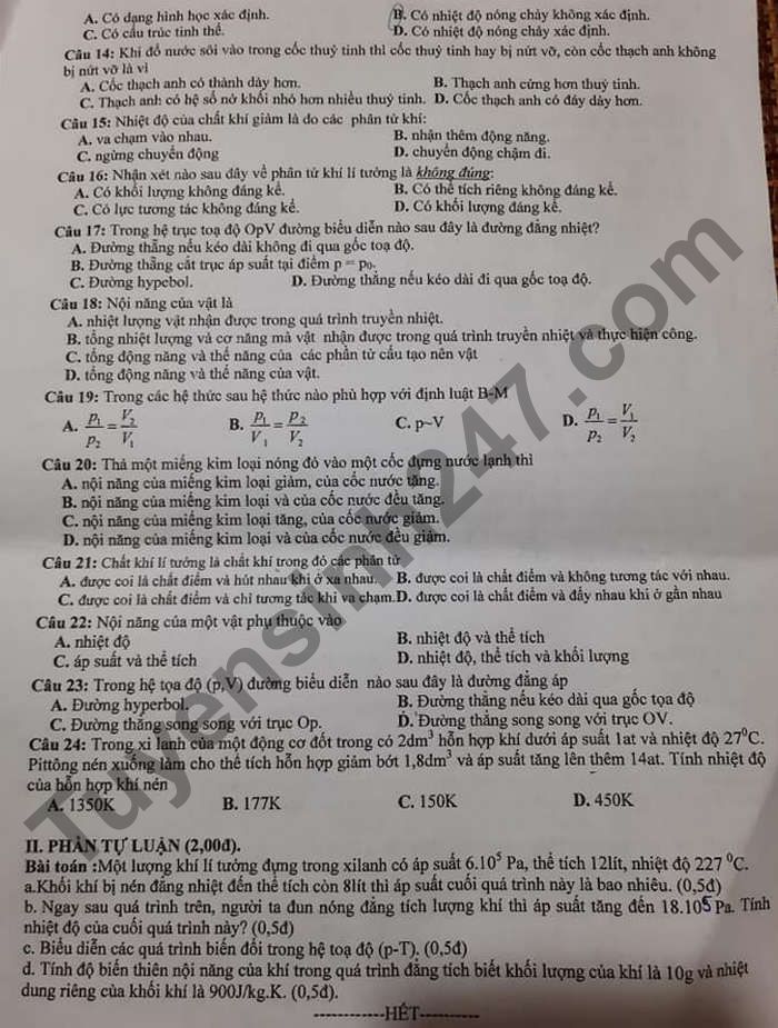 De thi hoc ki 2 mon Ly lop 10 - THPT Nguyen Dinh Chieu 2021
