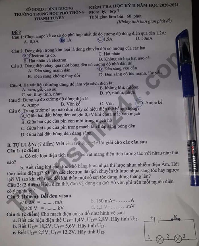 De thi hoc ki 2 mon Ly lop 7 - THPT Thanh Tuyen 2021