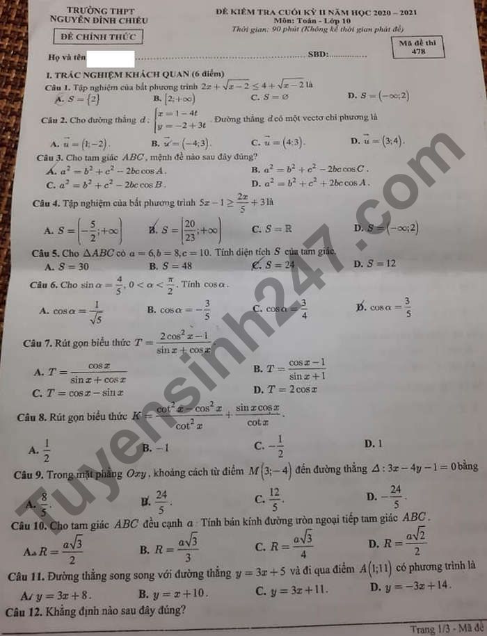 De thi hoc ki 2 mon Toan lop 10 - THPT Nguyen Dinh Chieu 2021