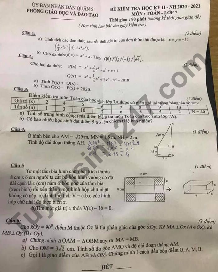 De thi hoc ki 2 mon Toan lop 7 - Quan 5 nam 2021