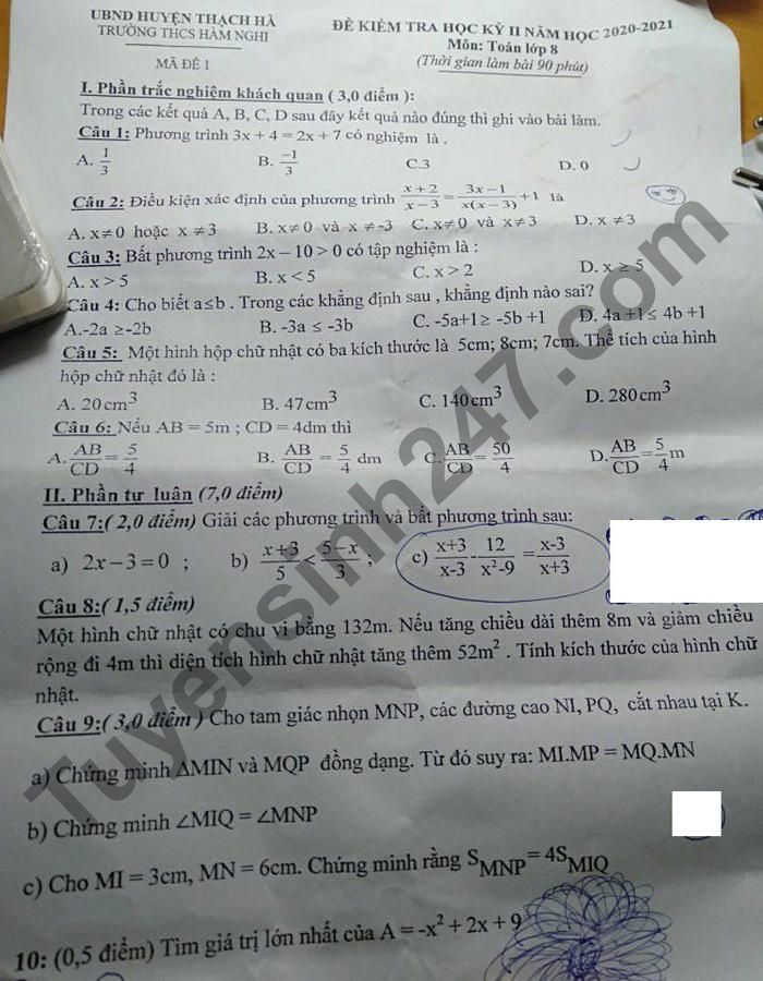 De thi hoc ki 2 mon Toan lop 8 - THCS Ham Nghi 2021
