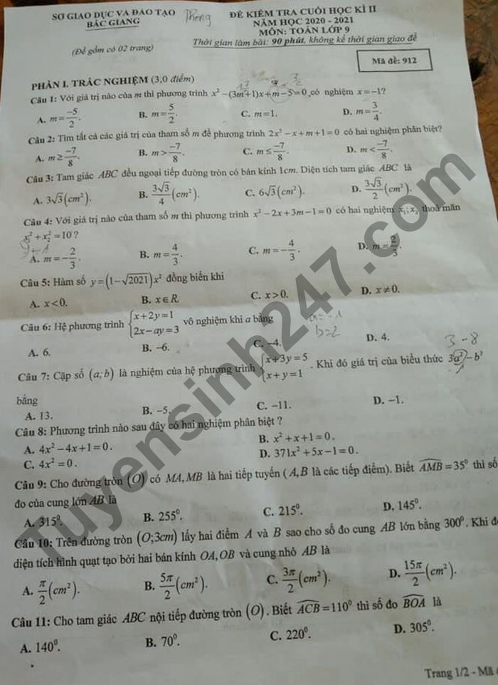 De thi hoc ki 2 mon Toan lop 9 - tinh Bac Giang 2021