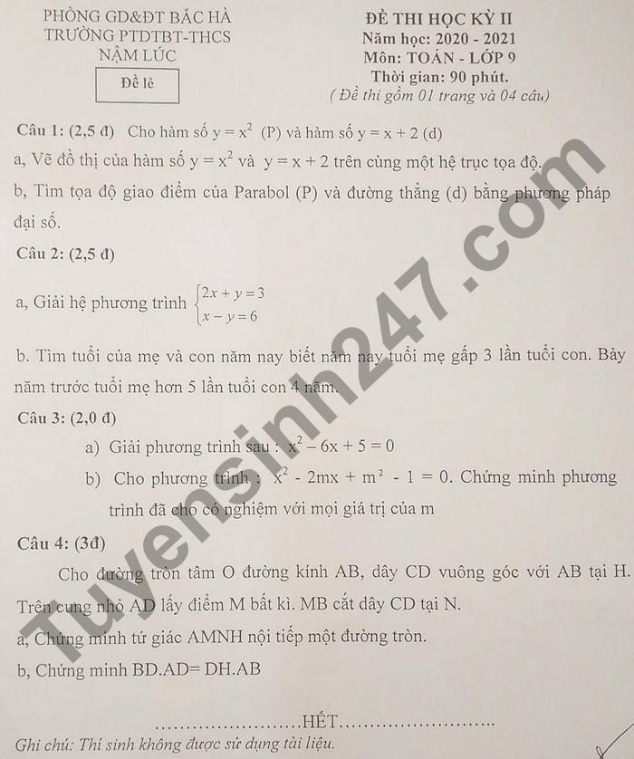 De thi hoc ki 2 mon Toan lop 9 - PTDTBT-THCS Nam Luc 2021