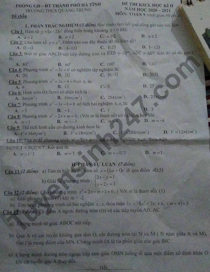 De thi hoc ki 2 nam 2021 THCS Quang Trung lop 9 mon Toan