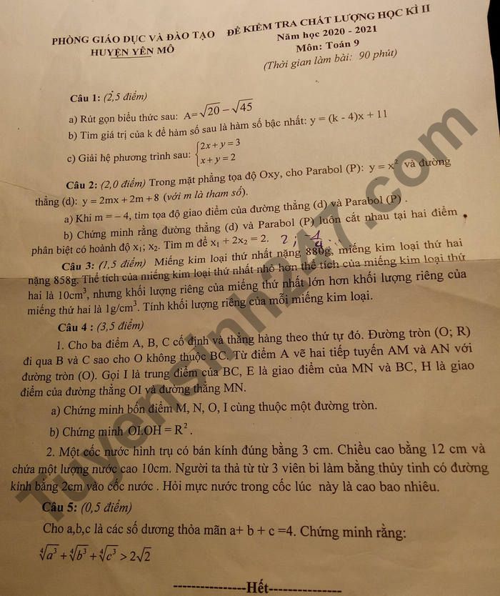 De thi hoc ki 2 mon Toan lop 9 - Huyen Yen Mo 2021