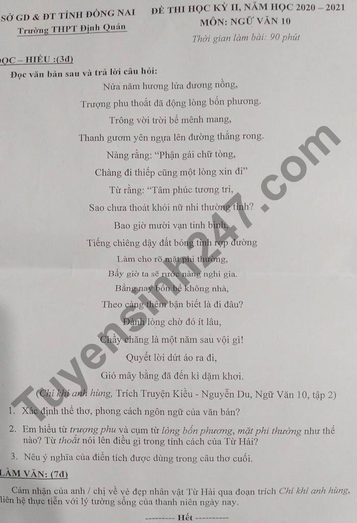 De thi hoc ki 2 mon Van lop 10 - THPT Dinh Quan 2021
