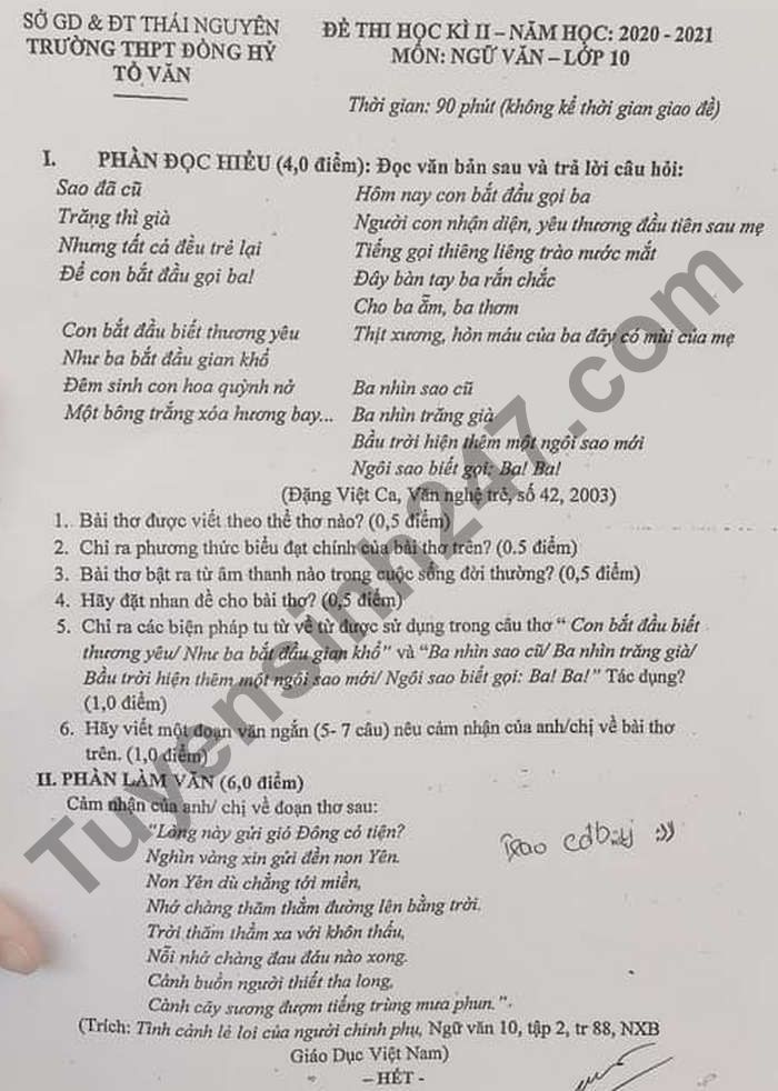 De thi hoc ki 2 mon Van lop 10 - THPT Dong Hy 2021