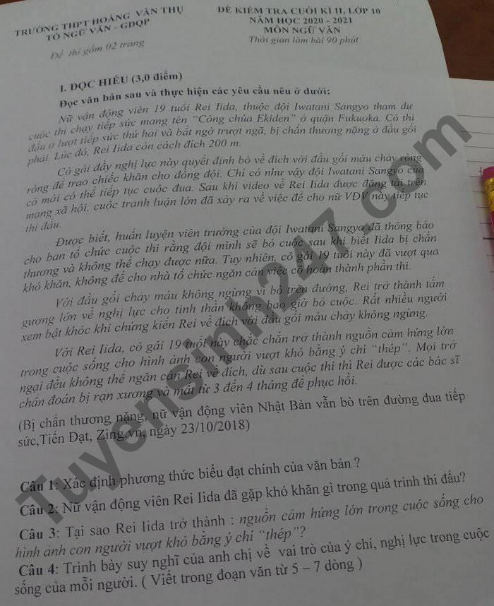 De thi hoc ki 2 lop 10 mon Van - THPT Hoang Van Thu 2021