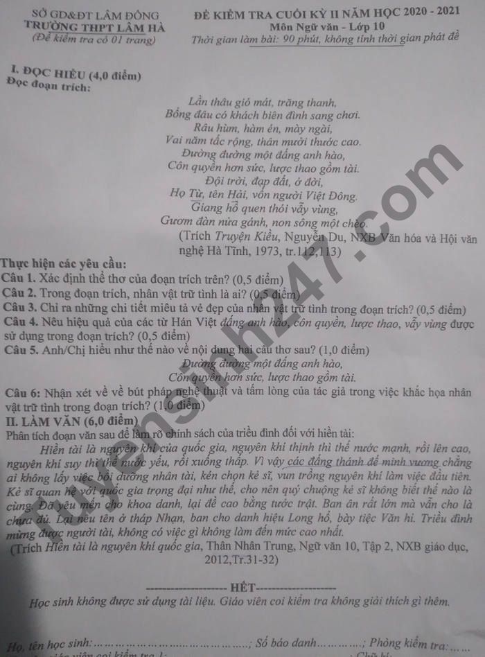 De thi hoc ki 2 nam 2021 THPT Lam Ha mon Van lop 10
