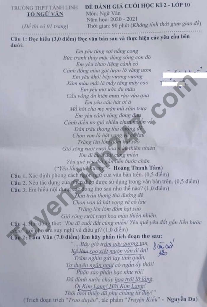 De thi hoc ki 2 lop 10 mon Van 2021 - THPT Tanh Linh